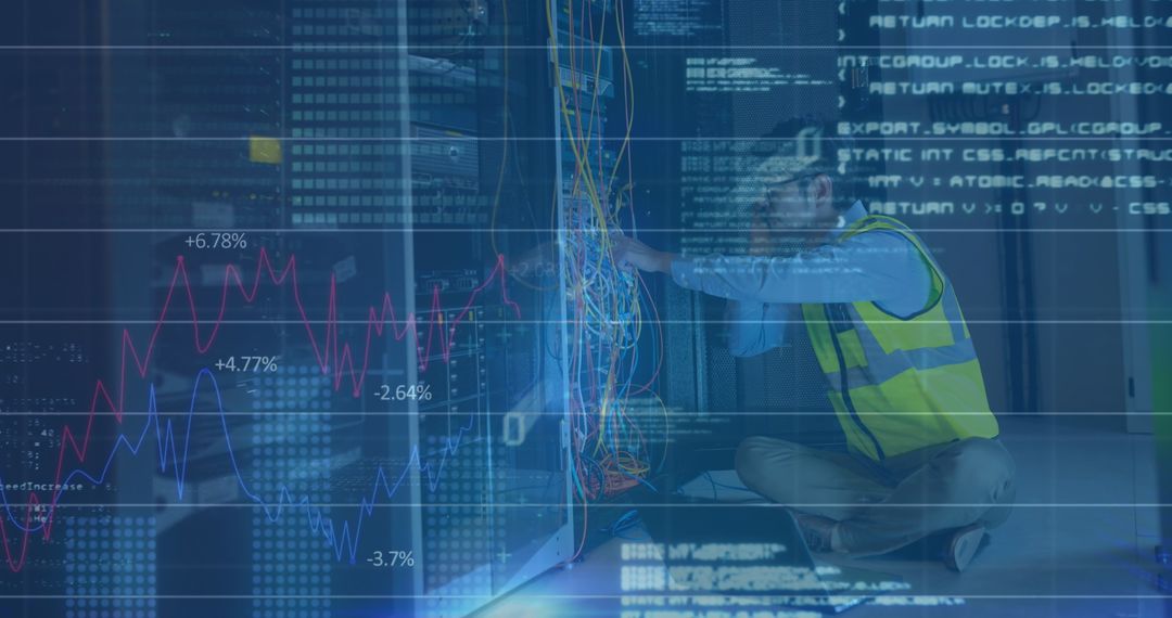 Technician Analyzing Servers in Data Center with Financial Data Overlay