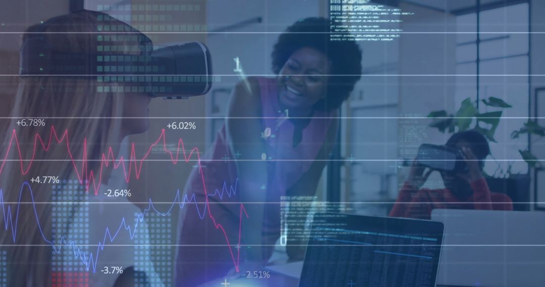 Diverse Team Engaging with Digital Financial Data and VR