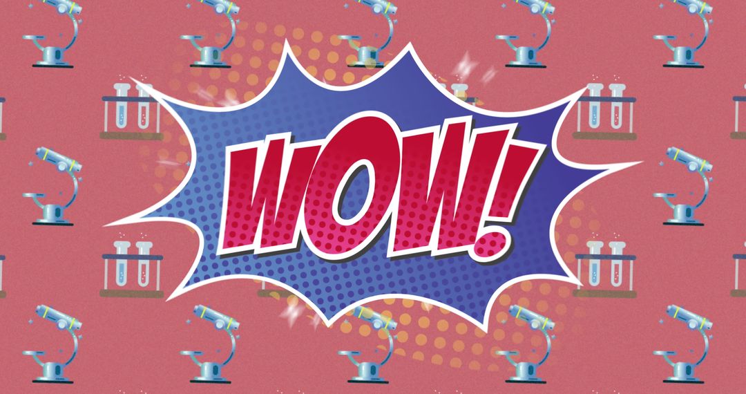 Comic-Style WOW Science Background with Microscopes and Test Tubes