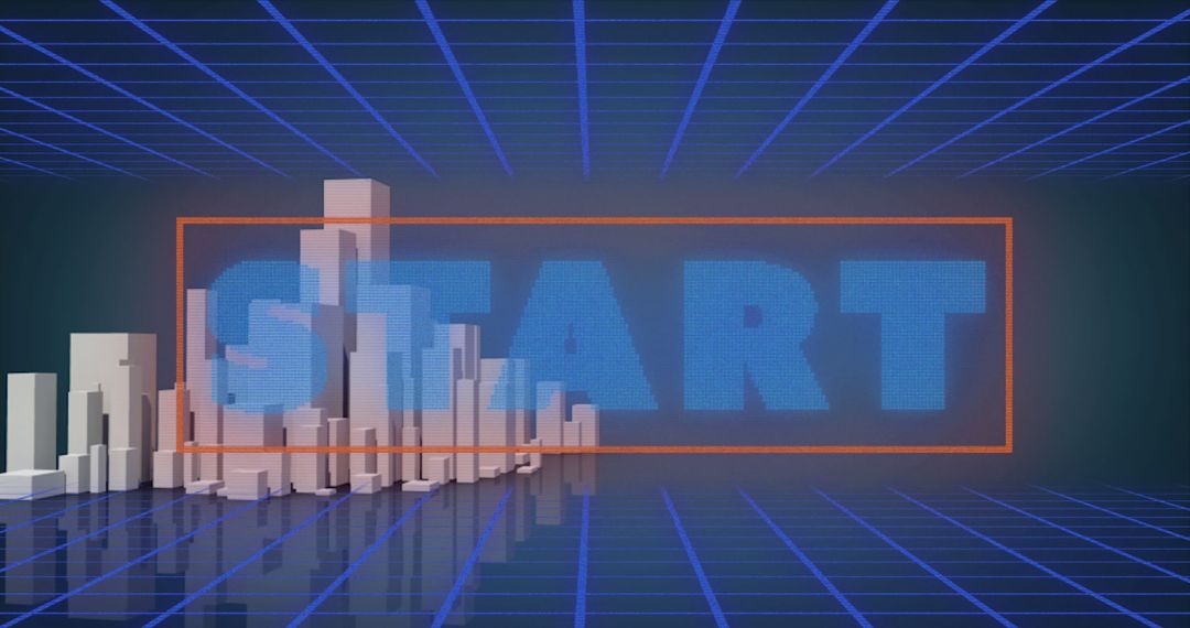 Retro-Futuristic Digital Interface with Cityscape and Start Text