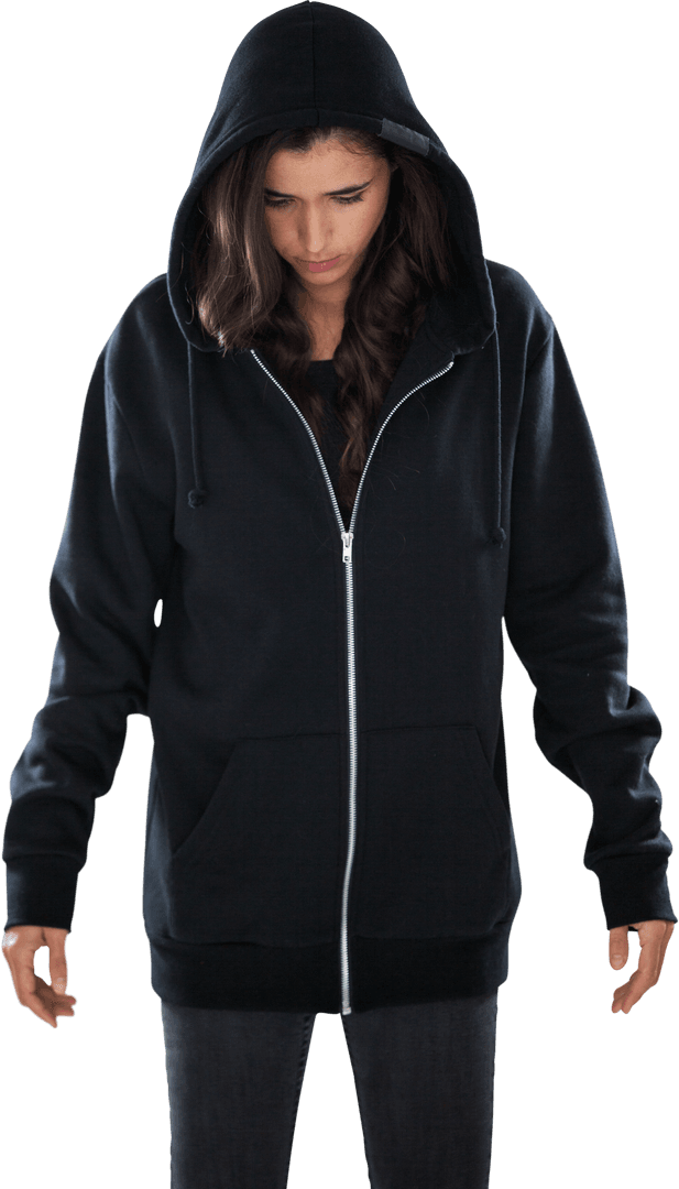 Young Female in Black Hoodie with Intense Expression on Transparent Background