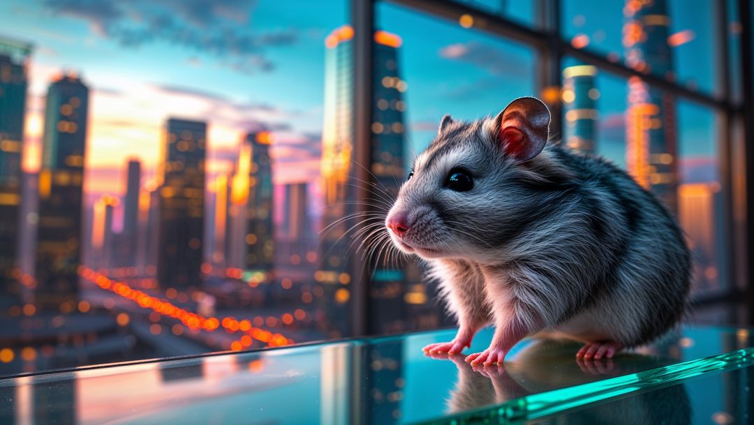 Striped Hamster Resting on Glass Table with Cityscape in Background