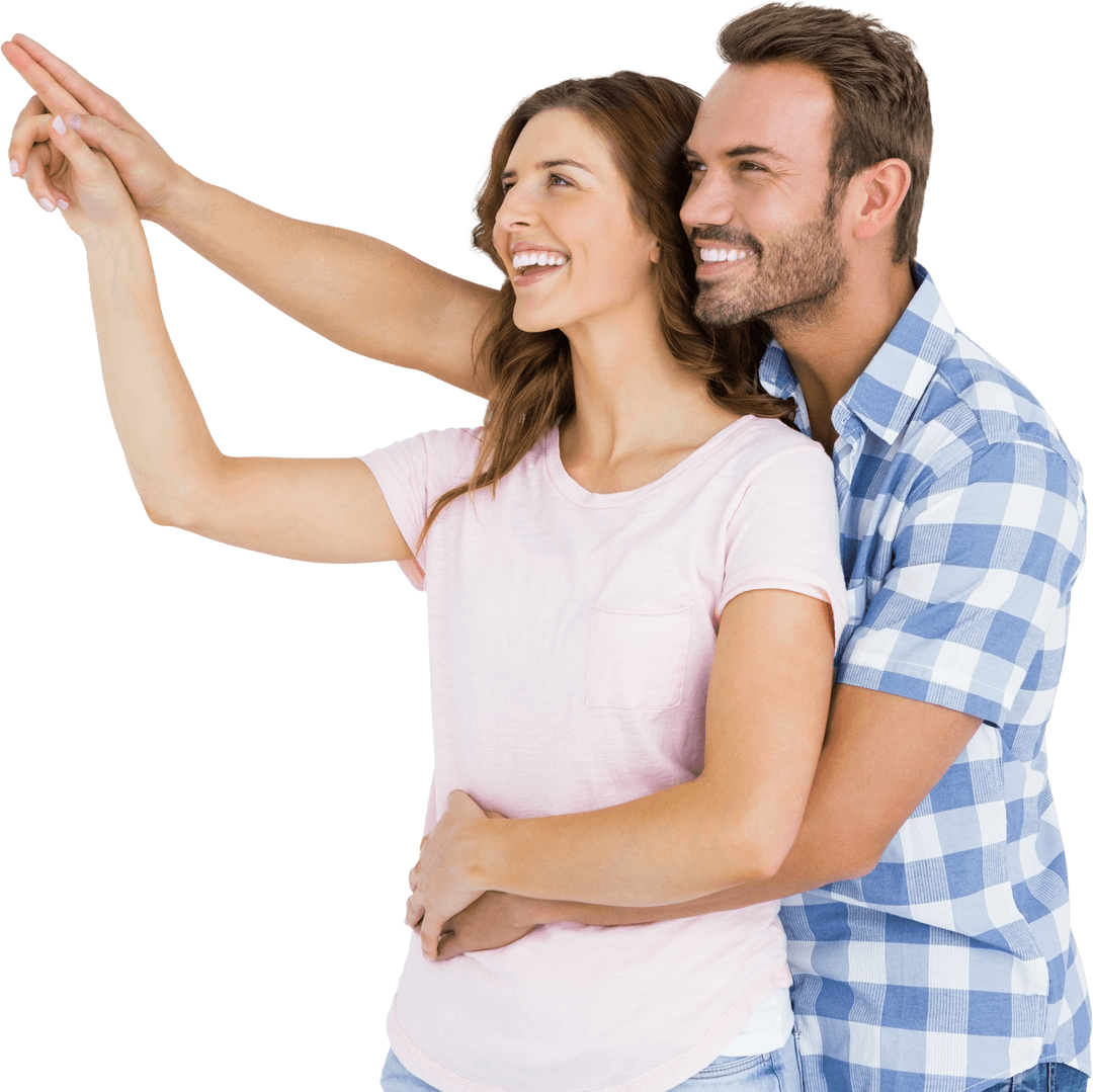 Cheerful Young Couple Embracing and Pointing in Transparent Background