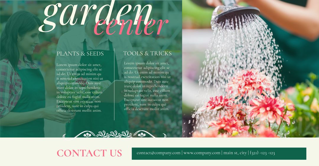 Vibrant Garden Center Promotion with Watering Can and Greenery