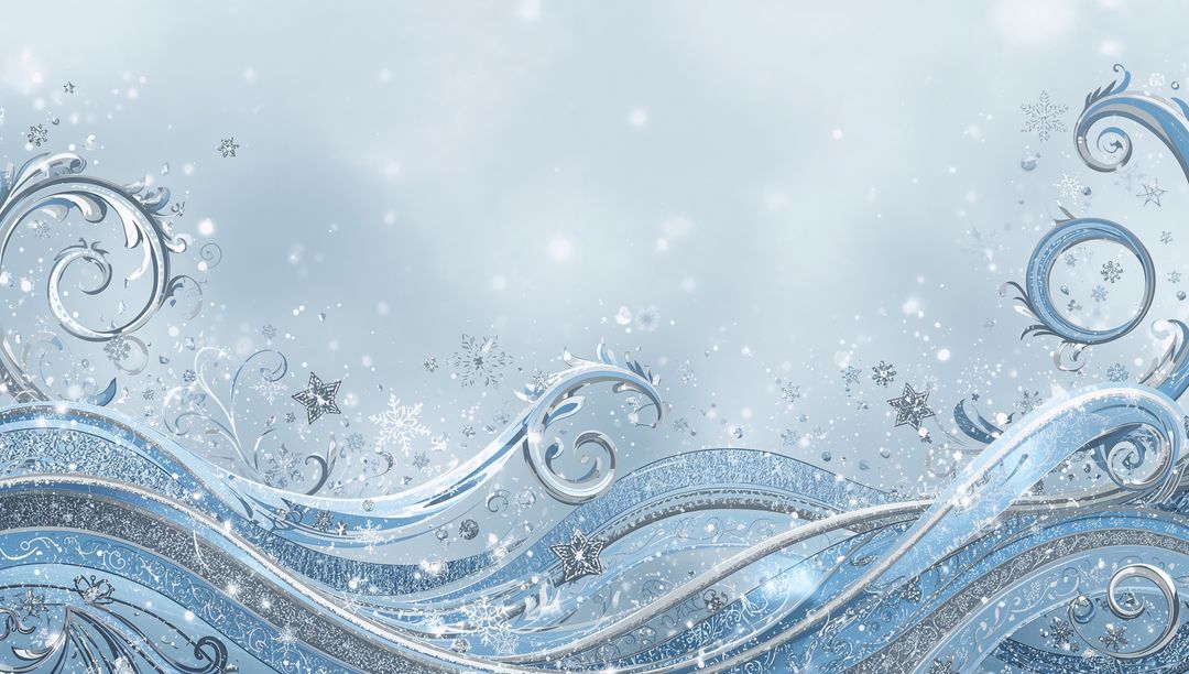Flowing Icy Ribbon Waves With Silver Filigree and Snowflake Sparkle for Winter Design