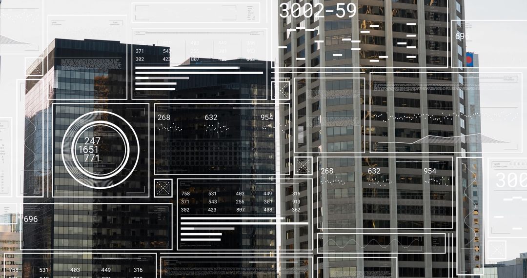 Futuristic Data Interface Overlaying Urban Skyscrapers