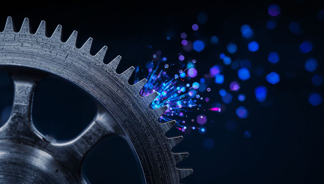 Rotating metal gear emitting neon blue and purple particle stream with bokeh tech glow