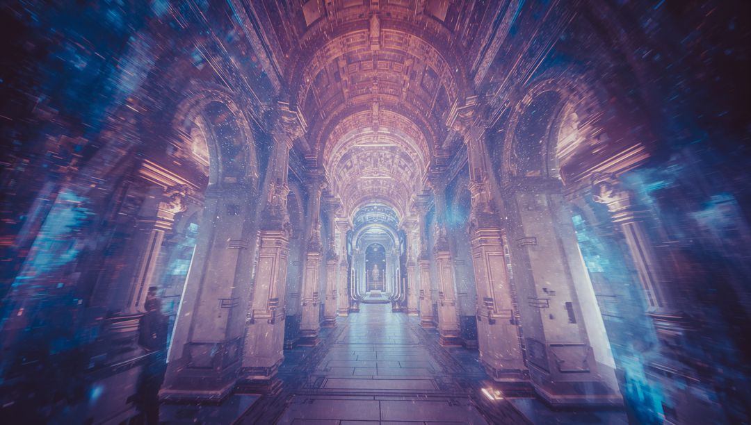 Futuristic Cathedral Corridor with Ethereal Digital Glow
