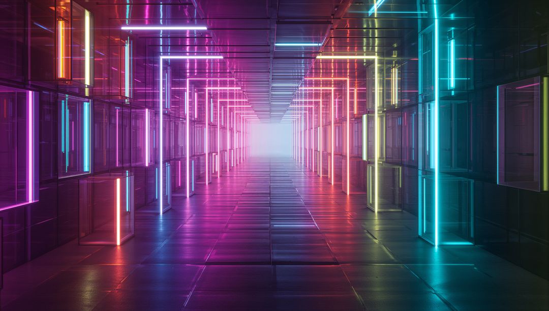 Glowing Neon Light Tunnel with Reflective Surfaces in Futuristic Corridor