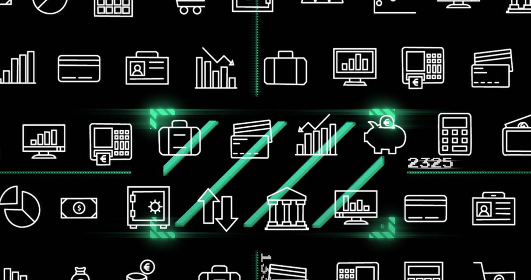 Digital icons illustrating data processing concept with global connections
