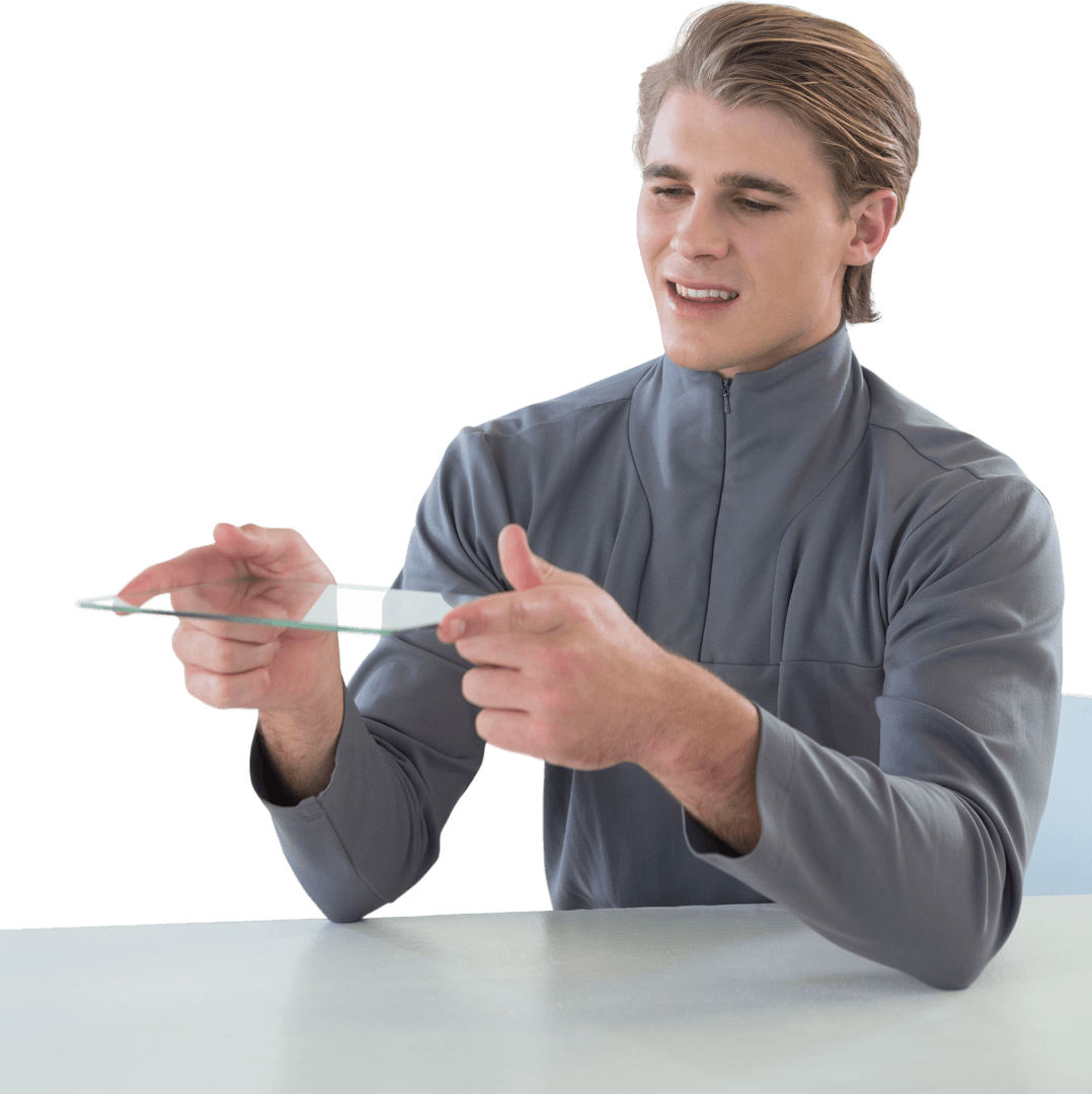 Smiling Man Interacting with Transparent Glass Device at Desk