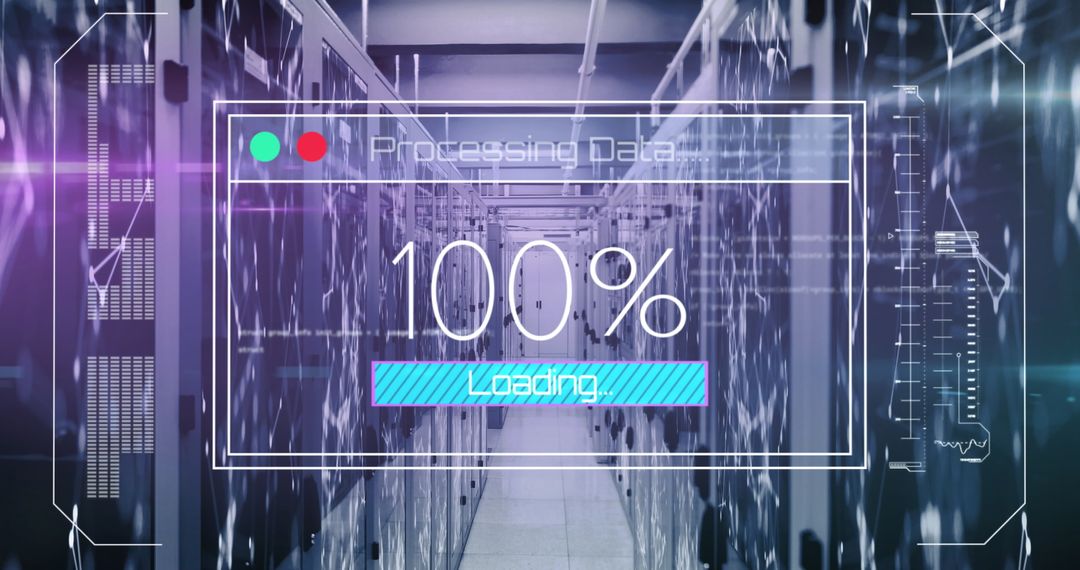 Server Room with 100% Data Processing Overlay