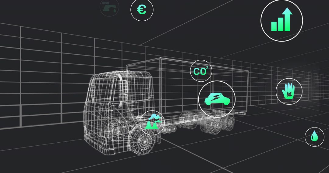 Rotating Wireframe Truck with Floating Business and Eco Symbols