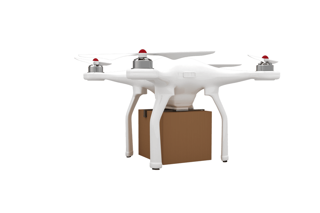 Transparent Drone Delivering Package on White Background