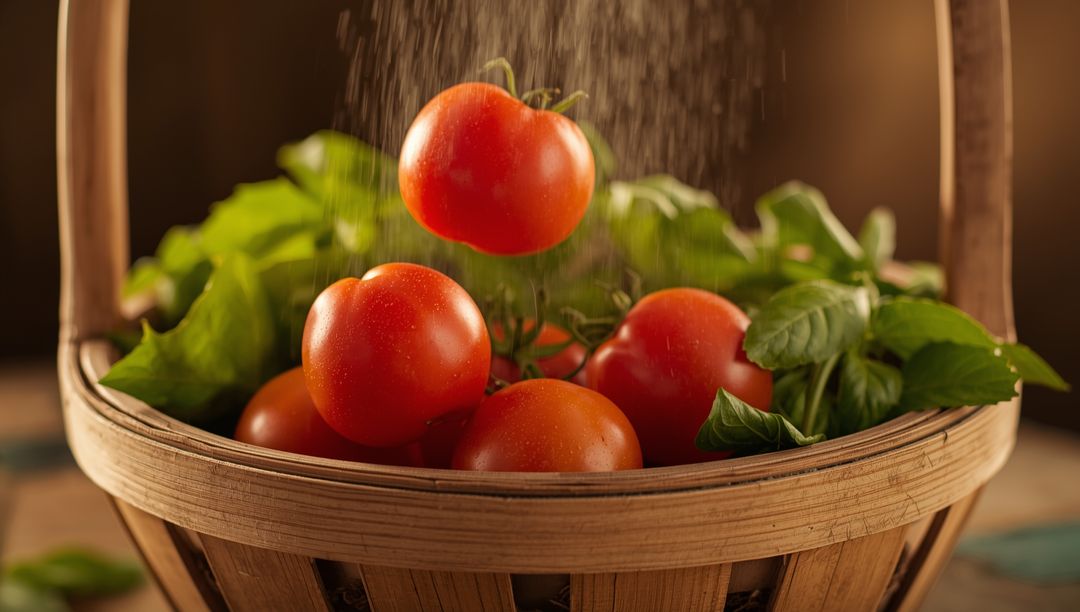 Close-up of Fresh Tomatoes with Salt in Rustic Basket