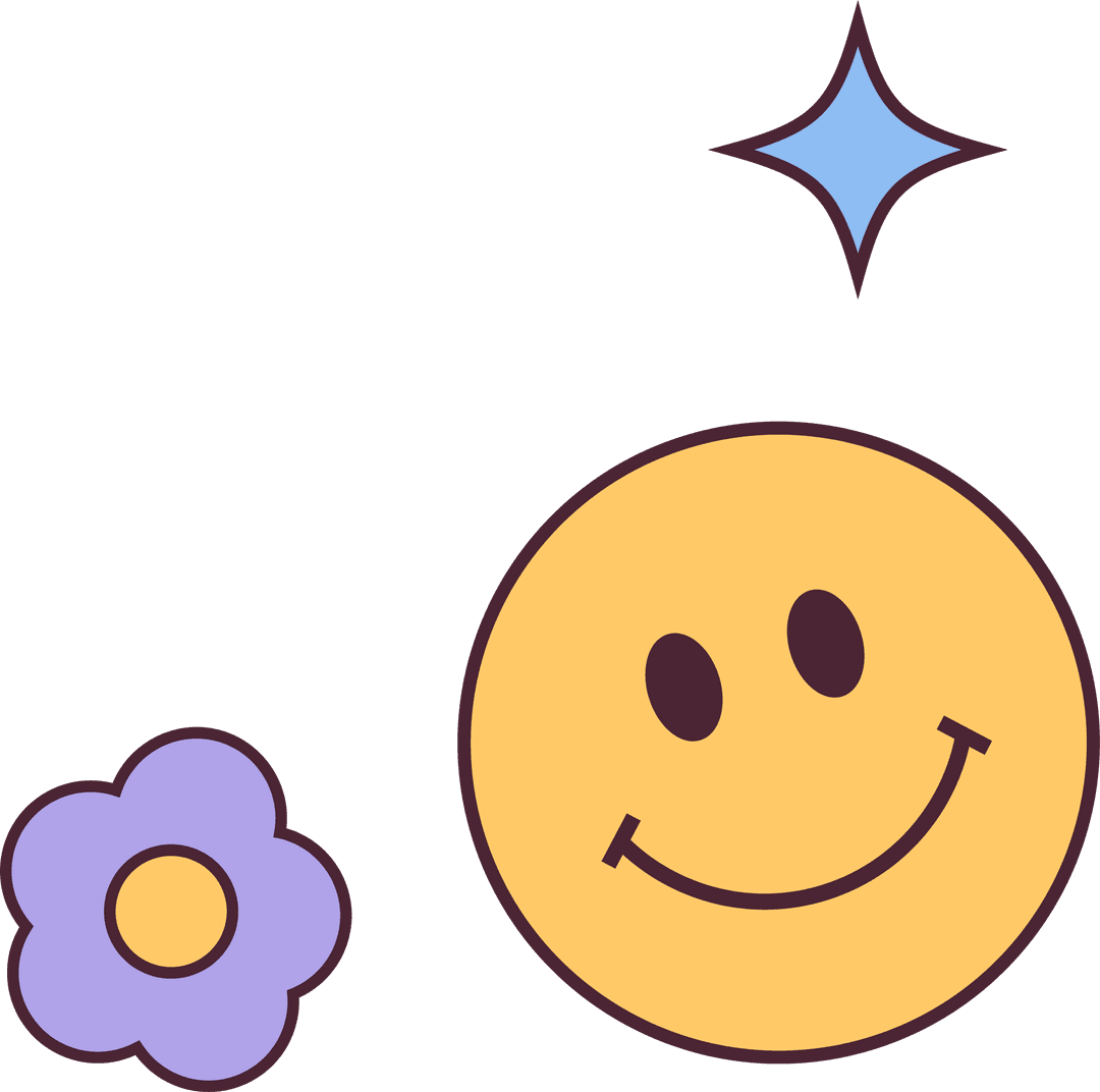 Cheerful Yellow Smiley Face with Flower and Sparkle on Transparent Background