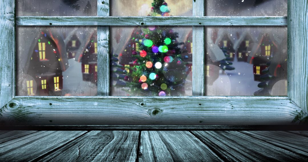 Cozy Snowy Scene with Christmas Tree Viewed Through Frosty Window - Free Images, Stock Photos and Pictures on Pikwizard.com