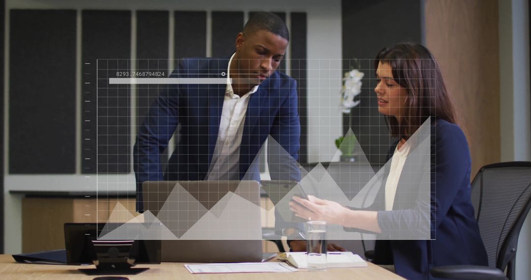 Business Professionals Analyzing Data with Overlay Chart