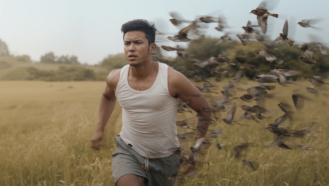 Man Running Through Field, Scaring Flock of Birds in Fast Motion