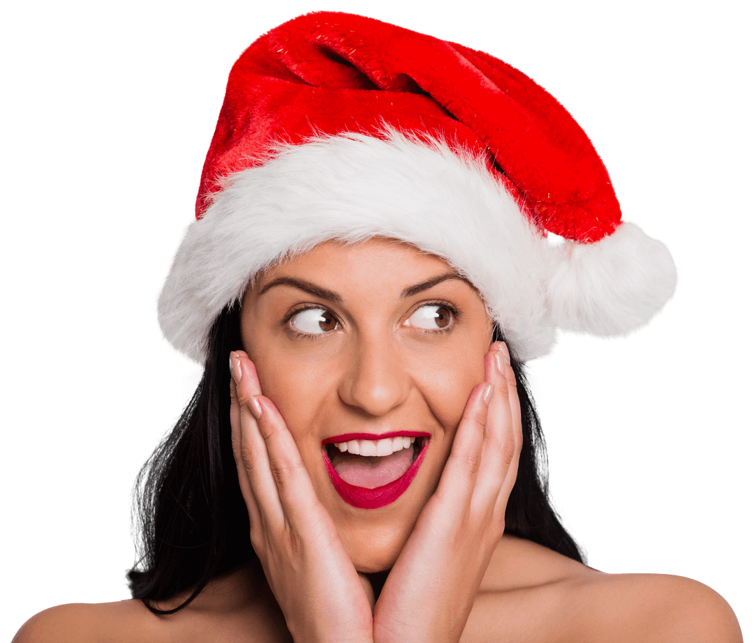 Surprised Woman in Santa Hat with Bright Expression on Transparent Background