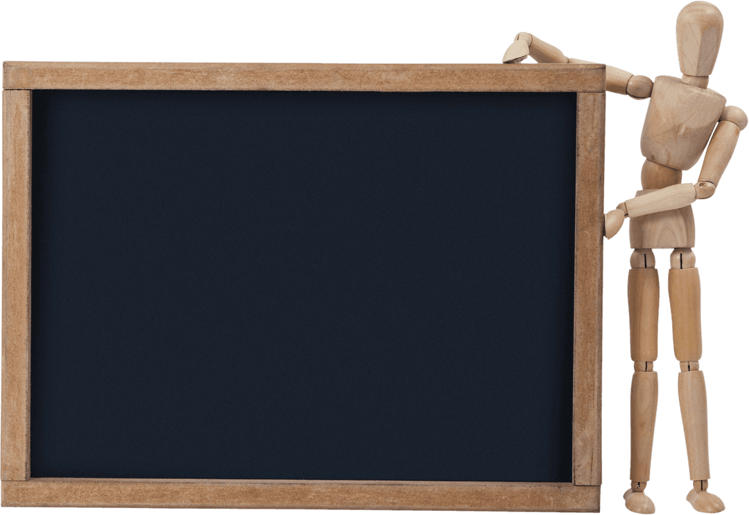 Transparent Wood Figurine Posing with Blank Slate Chalkboard