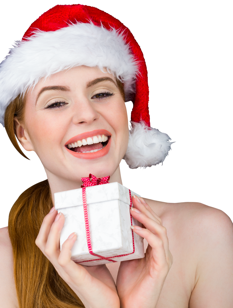 Transparent Smiling Woman Holding Gift in Red Santa Hat - Download Free Stock Images Pikwizard.com