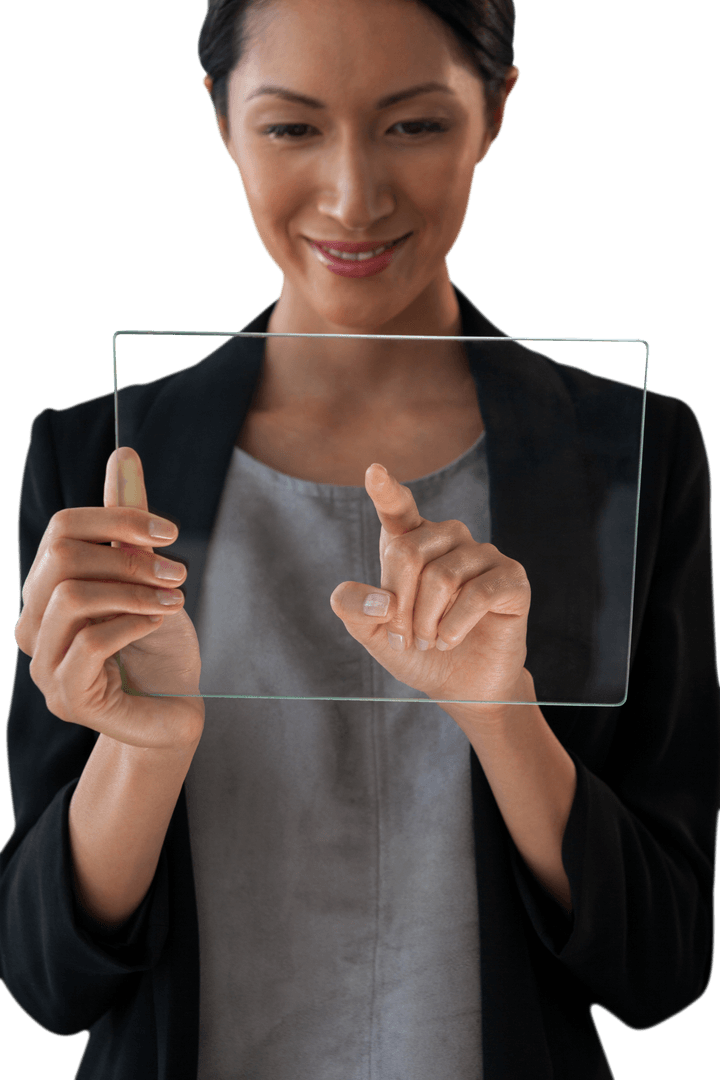 Smiling Businesswoman Touching Transparent Glass Interface