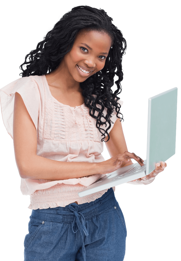 Confident Professional Woman Typing on Transparent Laptop