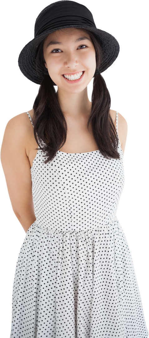 Cheerful Woman in Transparent Polka Dot Dress Smiling Widely - Download Free Stock Images Pikwizard.com