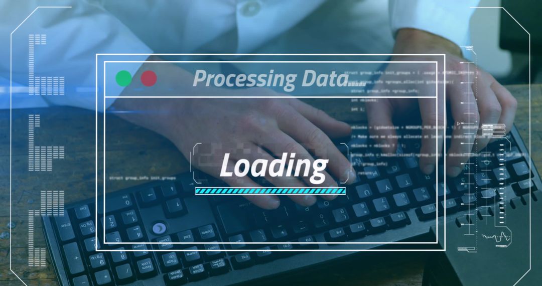 Businessman Hands Typing on Keyboard with Data Processing Overlay