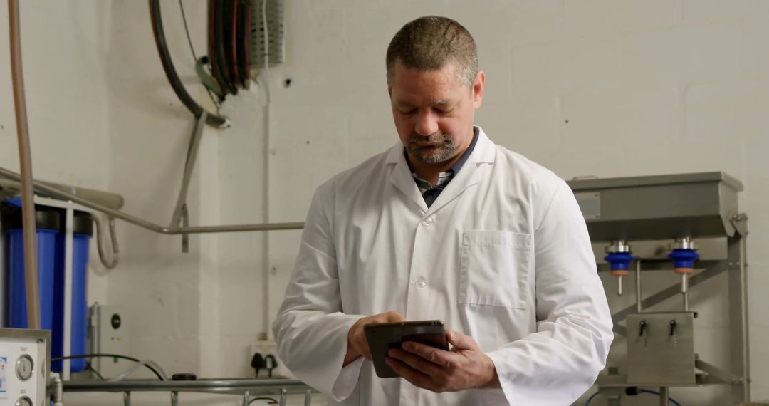 Technician Utilizing Tablet for Equipment Monitoring in Industrial Facility