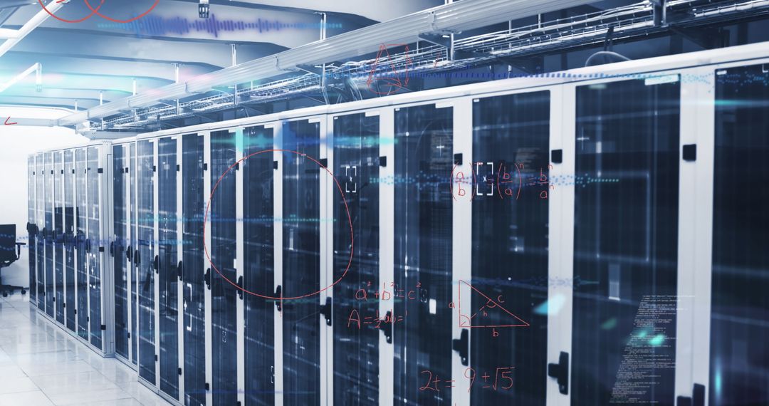 Futuristic Data Server Room with Floating Mathematical Equations