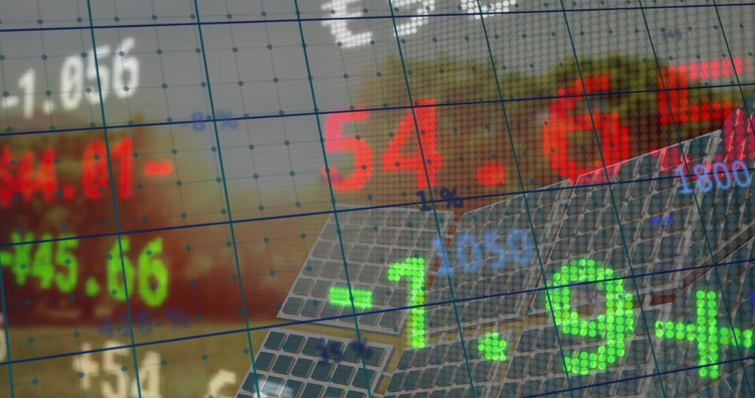 Digital Data Overlay on Solar Panel for Global Business Concept