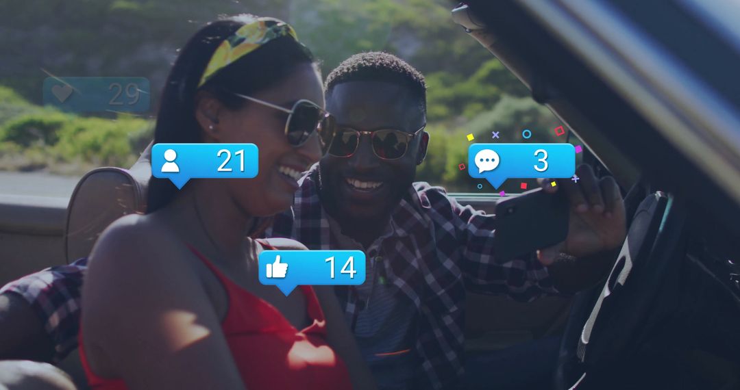 Smiling Couple Taking Selfie on Road Trip with Social Media Overlays