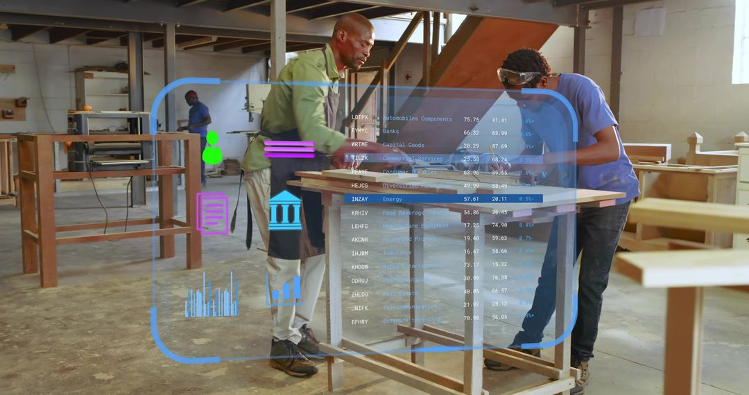 Carpenters Measuring Wooden Panel with Holographic Data Overlay Showing Craftsmanship and Mentorship