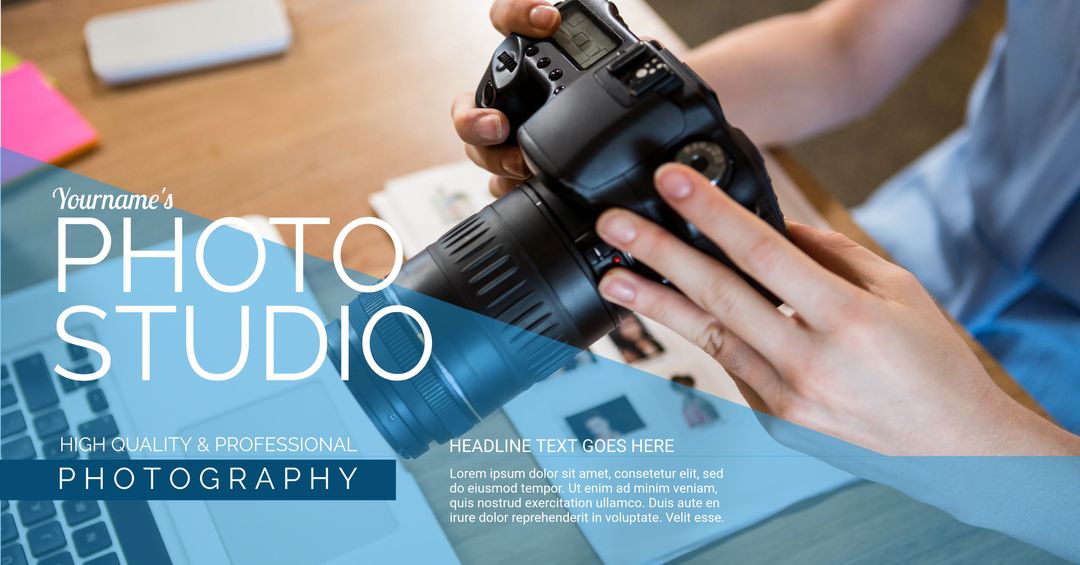 Professional photography service promotion with camera focus