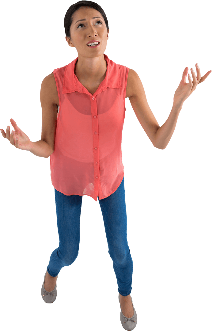 Young Woman Looking Upward Confused, Transparent Background
