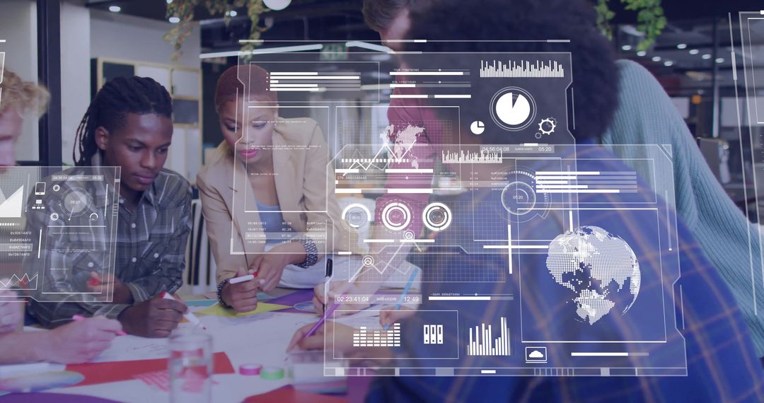 Team Collaborating Amidst Dynamic Digital Visualization Elements