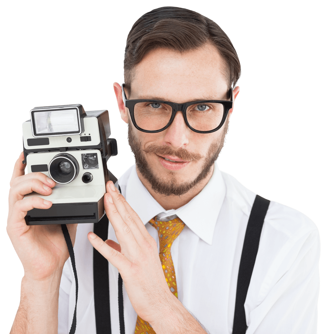 Transparent Hipster Holding Vintage Camera with Confident Expression