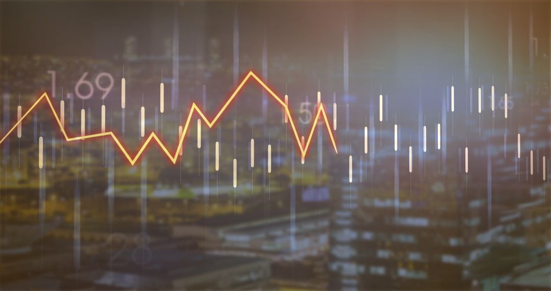 Orange Graph Line and Candlestick Chart Over City Skyline