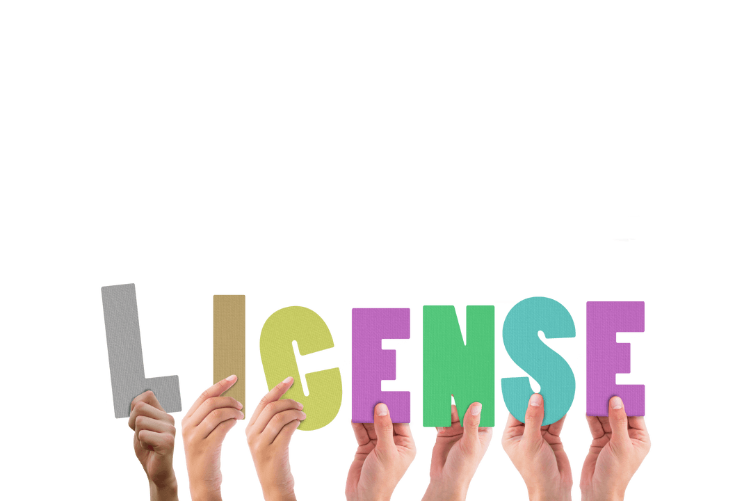 Diverse Hands Holding License Text on Transparent Background