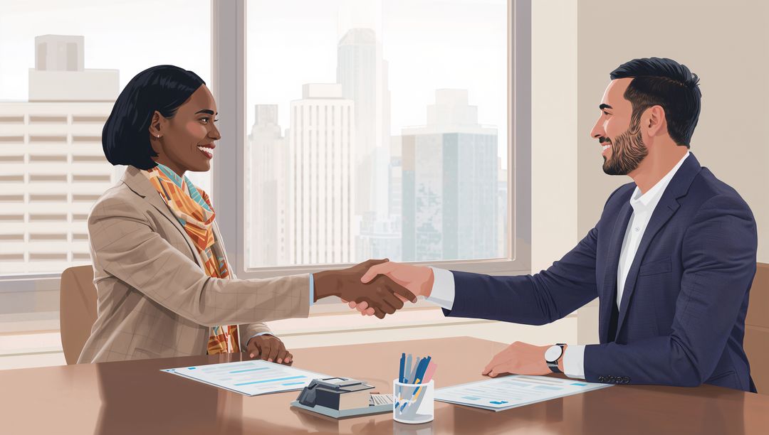 Diverse Business Professionals Shaking Hands in Office Setting