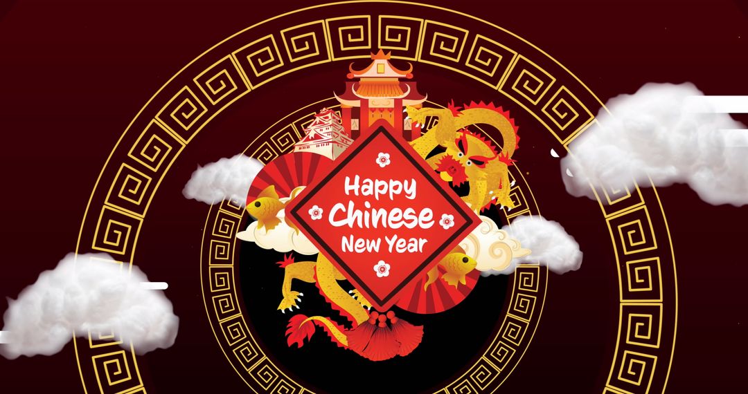 Happy Chinese New Year Greeting with Dragon and Pagoda Decorations