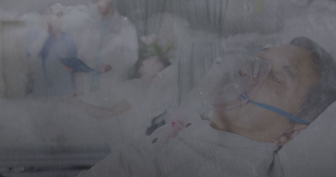 Sick Man in Hospital with Oxygen Mask and Storm