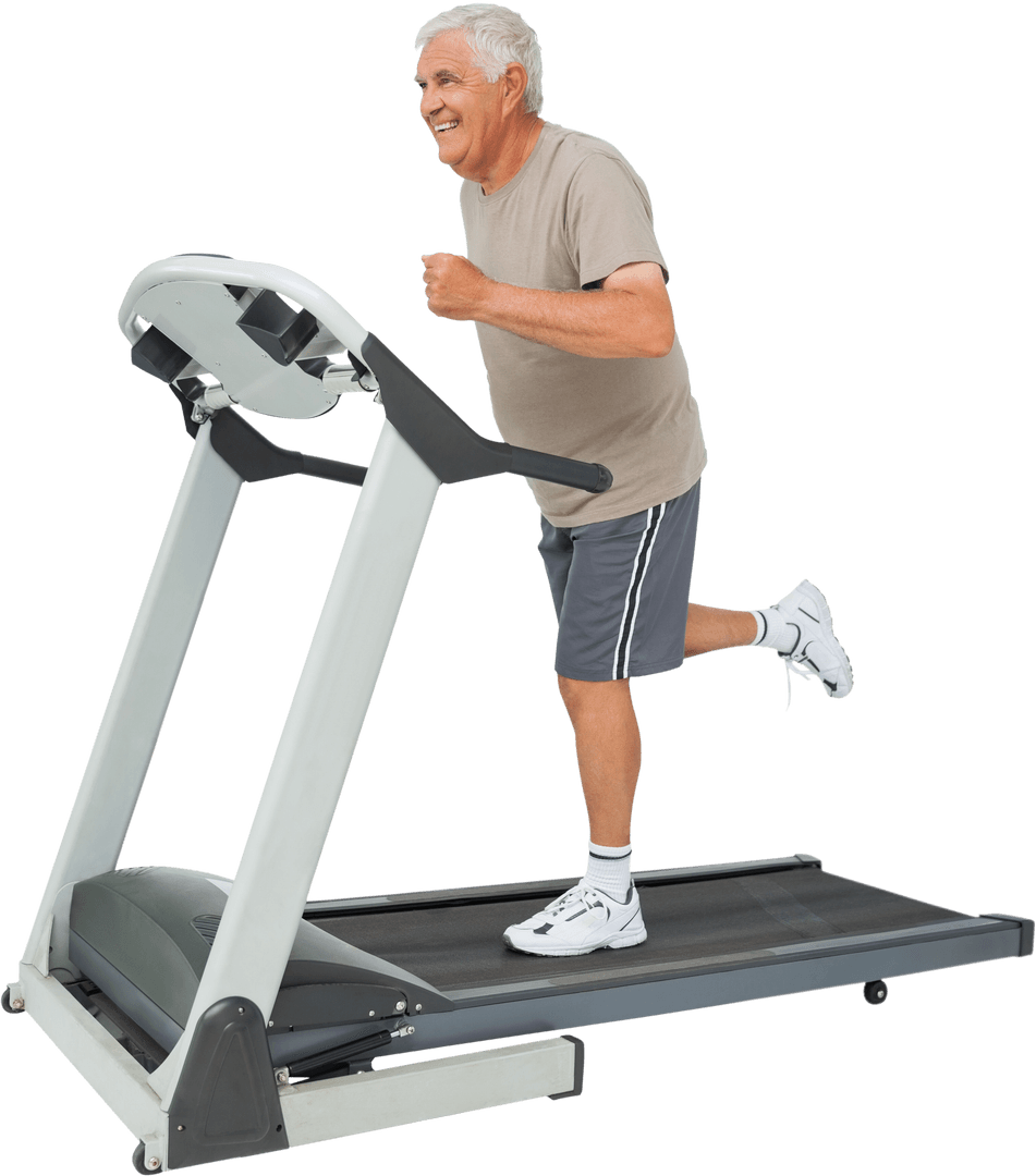 Smiling Senior Man Running on a Transparent Treadmill
