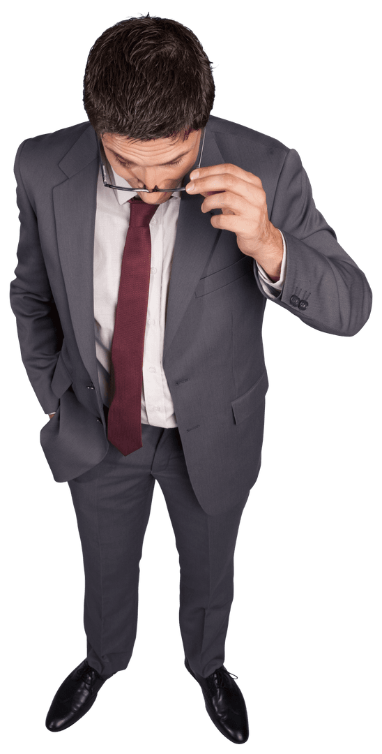 Pensive Businessman Adjusting Glasses on Transparent Background