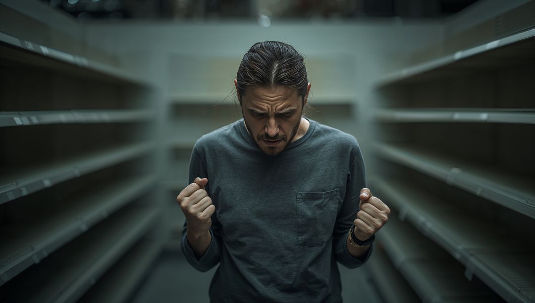 Man clenching fists in empty retail aisle lowering head showing frustration and isolation