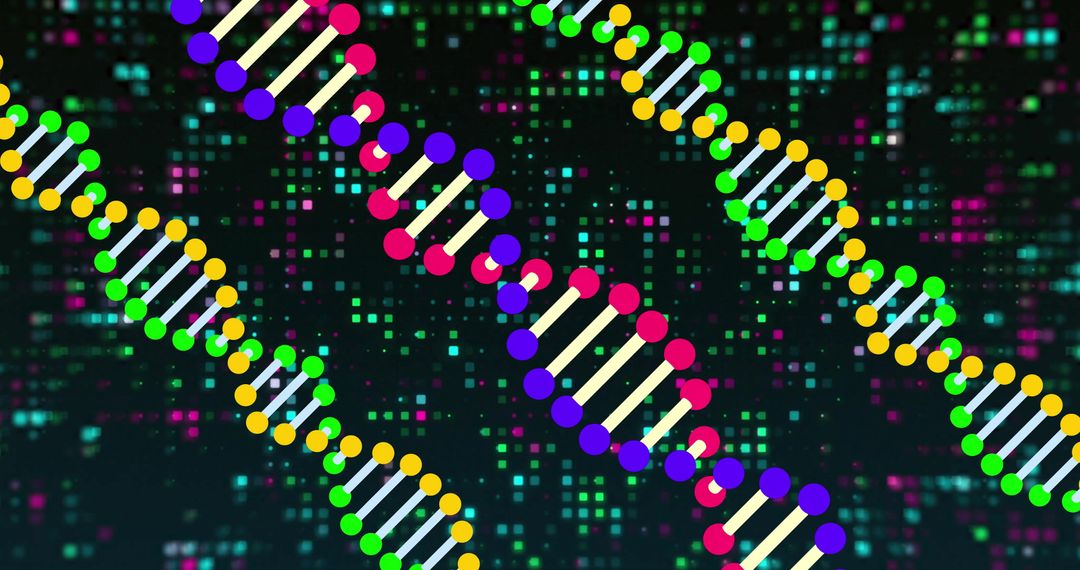 Colorful DNA Strands on Digital Interface Background