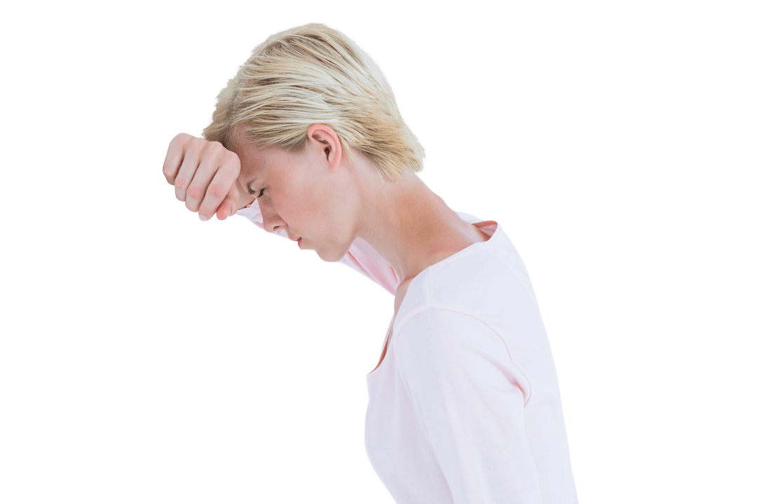 Transparent Tired Woman Leaning With Arm On Head