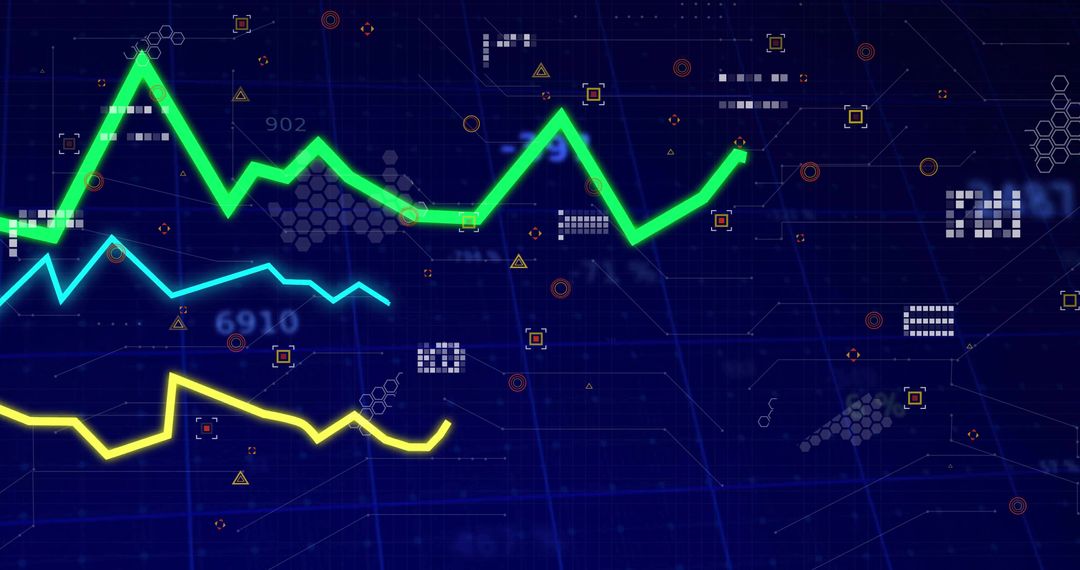 Futuristic Digital Dashboard with Neon Line Charts Analysis